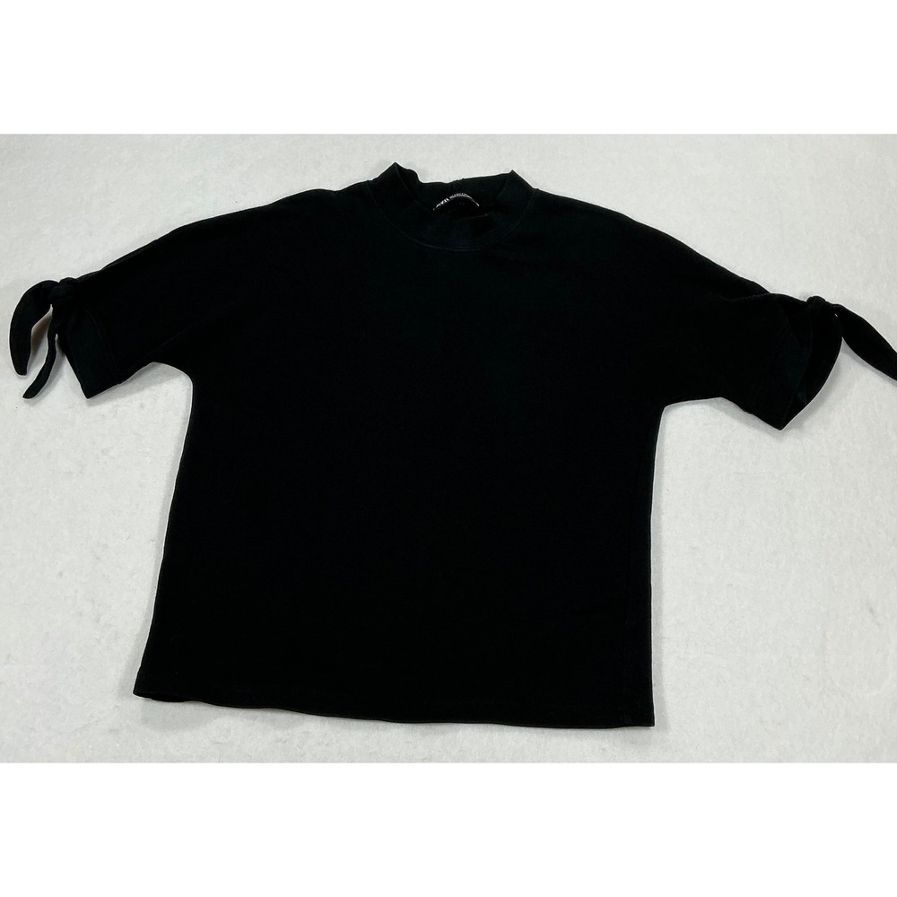 Zara Womens Mock Neck Short Sleeve Tie Cuff Top Black Size S